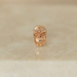 Delicato piercing all'orecchio/perno con figura di gufo in oro massiccio 14k