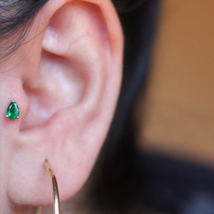 Dainty 14k Solid Gold, Genuine Peardrop Cut Emerald Solitaire, Screwback Ear Piercing/Stud