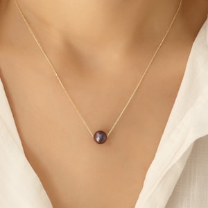 Dainty 14k Solid Gold Chain Floating Black Pearl Necklace, 14k Rose Gold One Pearl Pendant Wedding Necklace