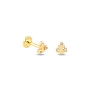 Dainty 14k oro macizo blanco CZ ancla figura atornillado oreja piercing/pendiente