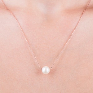 Dainty 14k Solid Gold Chain Floating Pearl Necklace, 14k Rose Gold One Pearl Pendant Wedding Necklace image 5