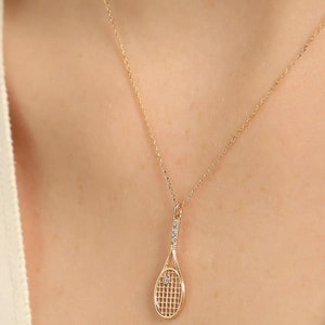Dainty 14k Solid Gold Tennis Racket Pendant Necklace