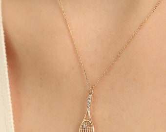 Dainty 14k Solid Gold Tennis Racket Pendant Necklace
