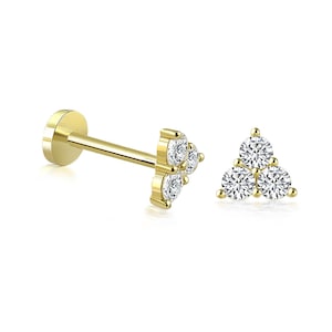 Dainty 14k Solid Gold White CZ Trinity Figure Screwback Ear Piercing/Stud