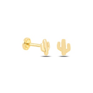 Dainty 14k Solid Gold Cactus Figure Screwback Ear Piercing/Stud