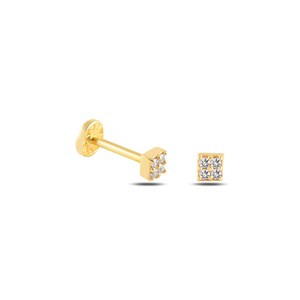 Dainty 14k Solid Gold White CZ Delicate Square Figure Solitaire Screwback Ear Piercing/Stud