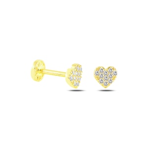 Delicado piercing/pendiente de oreja con forma de corazón de circonita blanca de oro macizo de 14k
