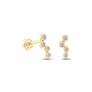 Delicado piercing de oreja/pendiente de oro macizo de 14 quilates con circonita blanca y cuatro puntos