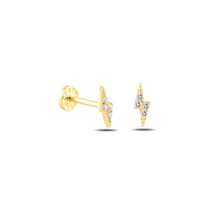 Dainty 14k oro macizo blanco CZ Lightning Bolt Figura Screwback Ear Piercing/Stud