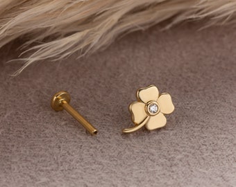 Dainty 14k Solid Gold Four Leaf Clover Figure CZ Screwback Ear Piercing/Stud