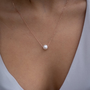 Dainty 14k Solid Gold Chain Floating Pearl Necklace, 14k Rose Gold One Pearl Pendant Wedding Necklace image 1