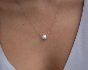 Dainty 14k Solid Gold Chain Floating Pearl Necklace, 14k Rose Gold One Pearl Pendant Wedding Necklace