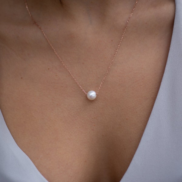 Dainty 14k Solid Gold Chain Floating Pearl Necklace, 14k Rose Gold One Pearl Pendant Wedding Necklace