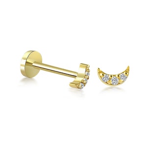 Dainty 14k oro macizo blanco CZ luna creciente figura tornillo oreja piercing/pendiente