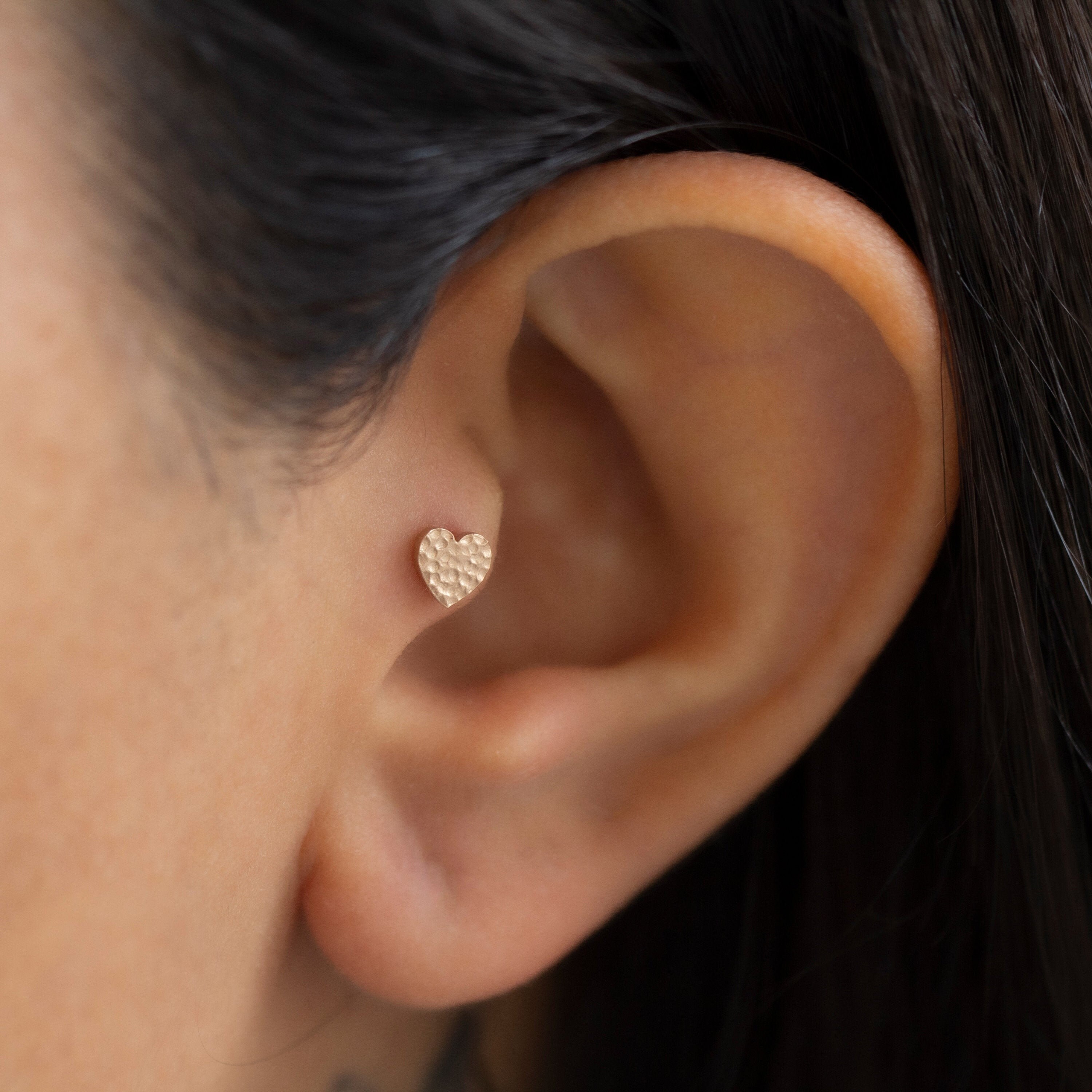 Dainty 14k Solid Gold Heart Figure Hammered Surface Rustic Look Screwback Ear  Piercing/stud - Etsy