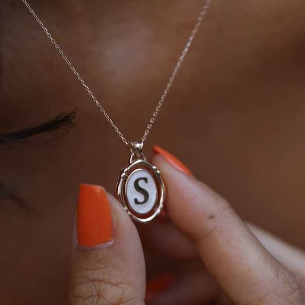 14k Solid Gold Enamel Initial Necklace: Personalized Gold Chain