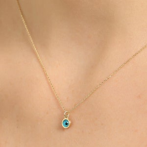Solid Gold Dainty Necklace 14k Gold Evil Eye Pendant
