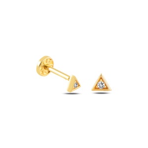 Dainty 14k oro macizo blanco CZ delicado triángulo figura solitario tornillo oreja piercing/pendiente
