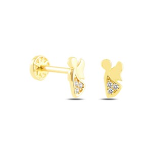 Dainty 14k oro macizo blanco CZ ángel figura tornillo oreja piercing/pendiente