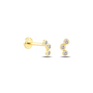 Dainty 14k Solid Gold White CZ Trinity Figure Screwback Ear Piercing/Stud