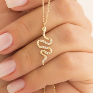 Dainty 14k Solid Rose or Yellow Gold Chain and Snake Pendant Necklace
