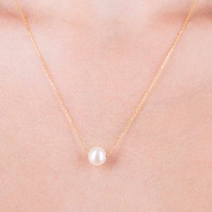 Dainty 14k Solid Gold Chain Floating Pearl Necklace, 14k Rose Gold One Pearl Pendant Wedding Necklace image 7