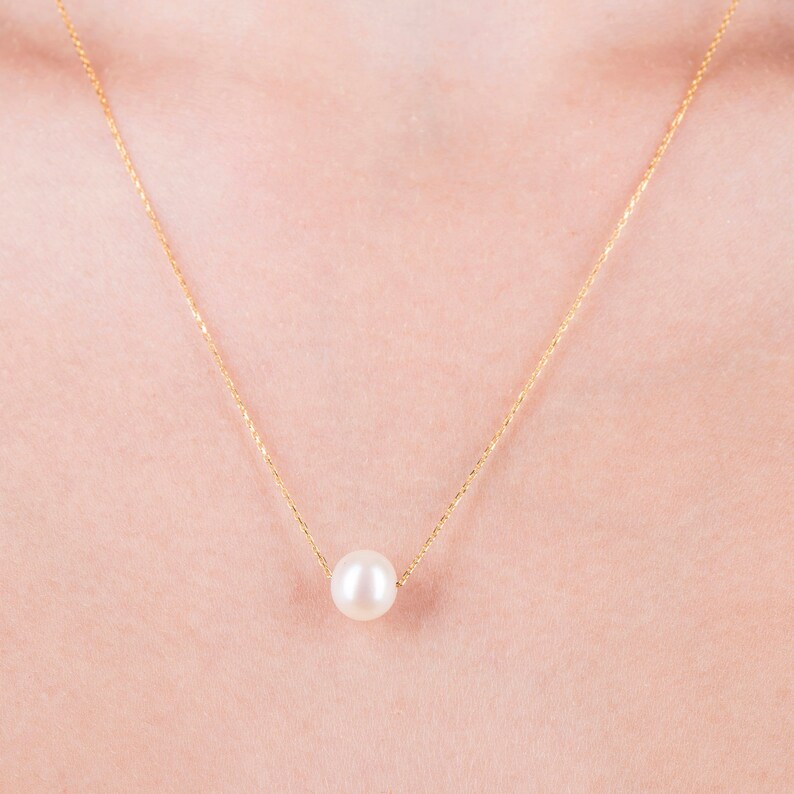 Dainty 14k Solid Gold Chain Floating Pearl Necklace 14k Rose Etsy