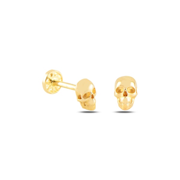 Dainty 14k Solid Gold Delicate Skull Figure Screwback Ear Piercing/Stud