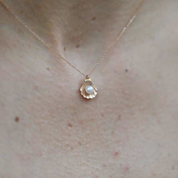 14k Solid Gold Pearl Pendant Necklace: Dainty Rose Gold Shell