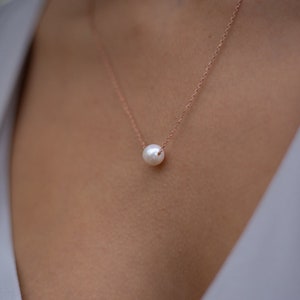 Dainty 14k Solid Gold Chain Floating Pearl Necklace, 14k Rose Gold One Pearl Pendant Wedding Necklace image 2