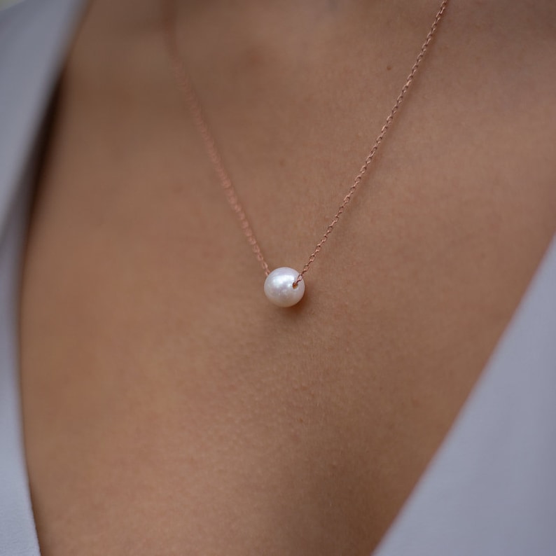 Dainty 14k Solid Gold Chain Floating Pearl Necklace, 14k Rose Gold One Pearl Pendant Wedding Necklace image 2