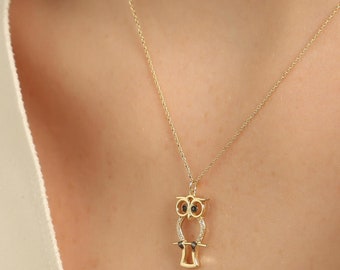 14k Solid Yellow Gold Dainty Owl Pendant Necklace