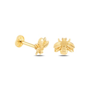 Dainty 14k Solid Gold Bee Figure Screwback Ear Piercing/Stud