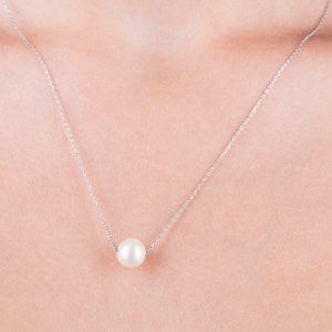 Dainty 14k Solid Gold Chain Floating Pearl Necklace, 14k Rose Gold One Pearl Pendant Wedding Necklace image 6