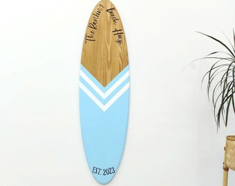 Personalized Wood Surfboard Wall Art: Coastal Beach House Decor