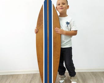 Wooden Surfboard with Blue Stripes - Coastal Surfboard Wall Art Decor