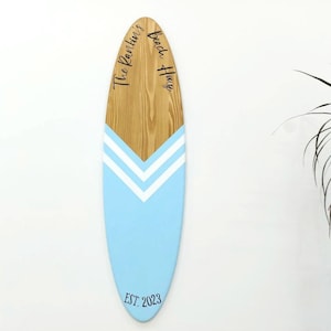 Personalized Surfboard Wall Art Decor with Custom text Blue White Wood Design Decorative Surf Board Sign
