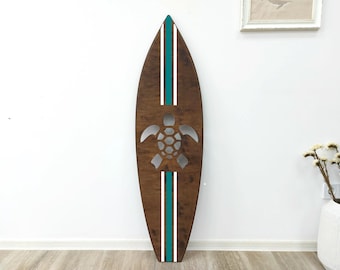Surfboard with turtle Wall art sign Hawaiian decor Custom design Hibiscus flower