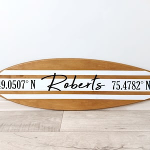 Surfbrett Wandbild mit GPS Koordinaten Breitengrad Längengrad Nachname Schild Erstes Geschenk für ein Zuhause