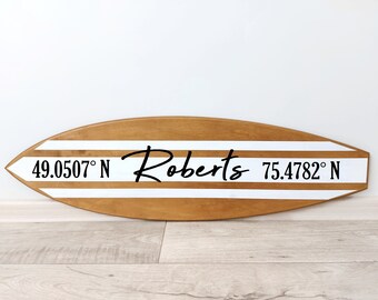 Surfboard wall decor surf wall art with GPS coordinates latitude longtitude sign Last name sign First home gift