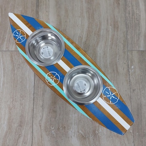 Surfboard Dog Bowl Holder 3 Bowls Feeding Stand for Cat Dog