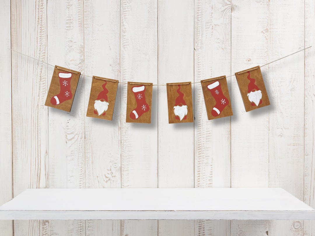 Photo inspiration: Scandinavian Outdoor Garland Reference: Wooden Christmas Garland Scandinavian Gnome And Stocking Banner