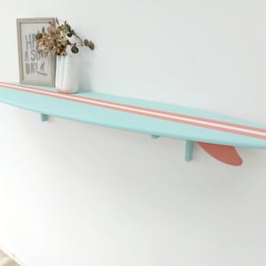 Wood surfboard shelf Mint Coral Beach themed decor Tabletop