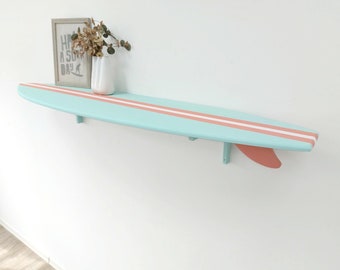 Wood surfboard shelf Mint Coral Beach themed decor Tabletop