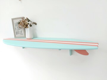 Wood surfboard shelf Mint Coral Beach themed decor Tabletop