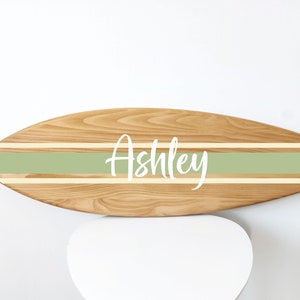 Personalized Wood Surfboard Name Sign Sage green Coastal Wall Art Decor for Nautical Nursery or Neutral Baby Shower Gift
