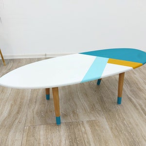 Surfboard coffee table Turquoise Teal White Furniture Customizable colors and design Surf lover Gift