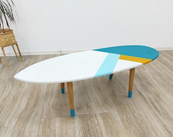 Surfboard coffee table Turquoise Teal White Furniture Customizable colors and design Surf lover Gift