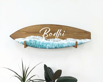 Personalized Surfboard Name Sign with waves Wood Surfboard Wall Art Ocean themed Nursery Decor