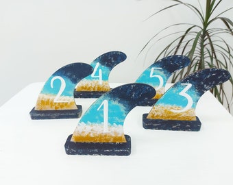 Beach themed table numbers for wedding Surfboard fin Ocean inspired Nautical event Wedding Cenerpiece Tropical Wedding